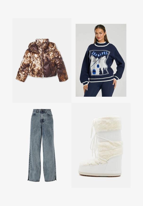 Ulljacka i brunt och krämfärgad tie-dye-mönster, med dragkedja fram, avtagbar huva och diagonalt quiltad design med sidofaror.; Mörkblå stickad tröja med en grafisk design av berg, kabinbanor och "LES ALPES" i blått, med vit kant vid kragen och ärmslut.; Vidbenade ljusblå denimjeans med en blekt tvätt, utrustade med framfickor, knäppning samt slitsdetaljer på fållen.; Vita Moon Boot med övre del i konstfuskpäls, snörning framtill och gummisula. Texturerad yta och präglad logotyp på sidan. Kraftig, vadderad design.