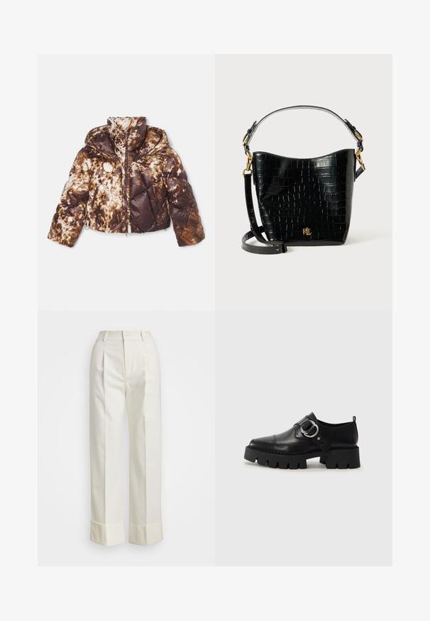 Puffer jacket in brown and cream tie-dye pattern, featuring a zip front, removable hood, and diagonal quilted design with side pockets.; Black button-up shirt with white square pattern, long sleeves, collar, and two front pockets, made from a soft fabric.; White tailored pants featuring a high waist, double front pleats, and wide legs with folded cuffs. Made from a smooth, textured fabric.; Black leather shoes with a chunky, ribbed sole, featuring a circular silver hardware accent and minimal stitching detail.; Black croc-embossed leather bag with a curved shape, gold hardware accents, an adjustable strap, and a logo detail at the front.