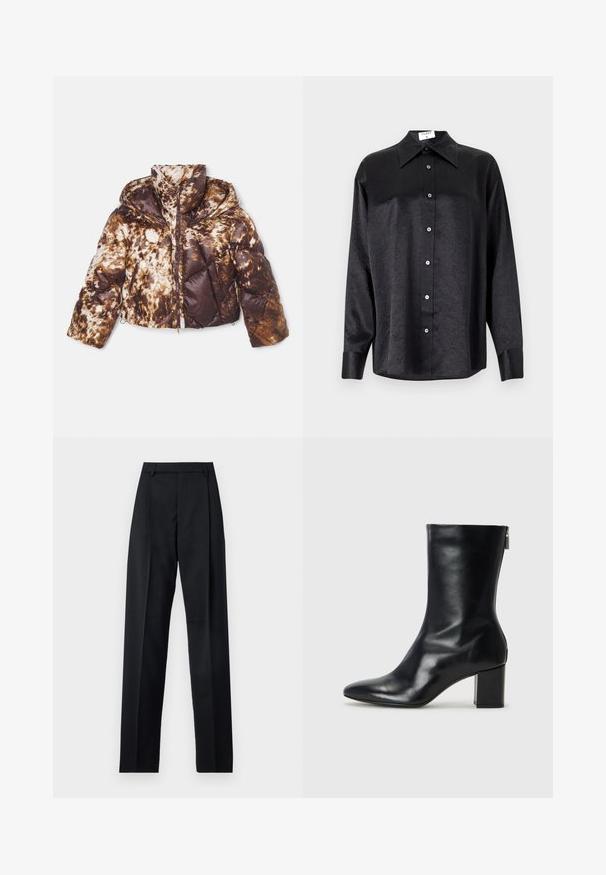 Puffer bunda v hnědo-krémovém tie-dye vzoru, s předním zipem, odnímatelnou kapucí a diagonálním prošívaným designem se bočními kapsami.; Černá košile s dlouhým rukávem a límečkem, s jakostní texturou, plně zapínací, s manžetami. Vyrobena z hladkého materiálu.; Černé kalhoty vyrobené z hladké tkaniny, vybavené vysokým pasem, širokými nohavicemi, předními záhyby a klasickými poutky na opasek. Nejsou viditelné boční kapsy.; Černé kožené kotníkové boty s špičatou špičkou a blokovým podpatkem o výšce 4 cm. Elegantní design obsahuje boční zip pro snadné obouvání. Hladká textura.