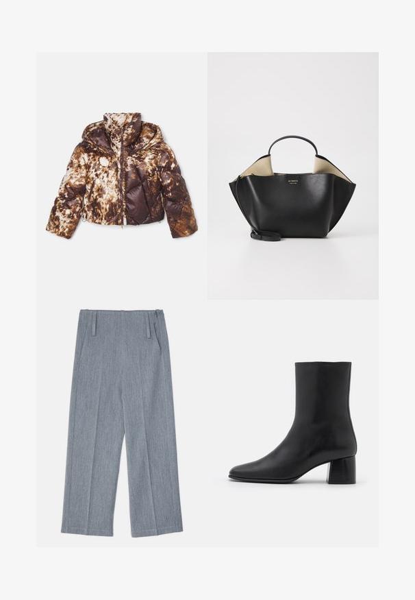 Puffer bunda v hnědo-krémovém tie-dye vzoru, s předním zipem, odnímatelnou kapucí a diagonálním prošívaným designem se bočními kapsami.; Černý dlouhý rukáv top vyrobený z měkkého materiálu, s kulatým výstřihem a volným střihem, se bočními rozparky na olemování pro snadný pohyb.; Svetle šedé, široké kalhoty vyrobené z texturované tkaniny, s dvěma předními sklady a dvěma bočními kapsami. Čistý, upravený design.; Černé kožené kotníkové boty s špičatou špičkou a robustním čtvercovým podpatek. Hladká textura s bezšvovým designem a minimalistickým prošíváním.; Ree Projects ANN TOTE MINI - Kabelka - black