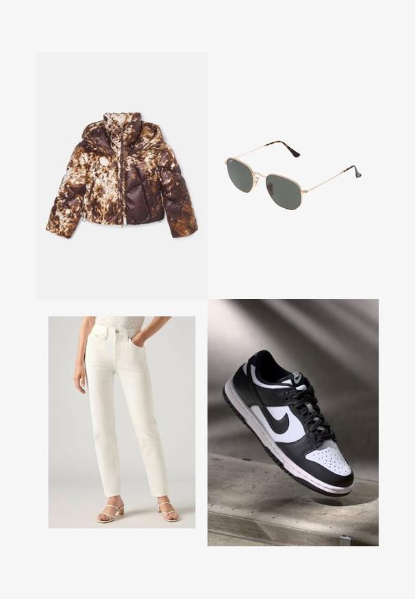 Puffer-Jacke im braunen und cremefarbenen Tie-Dye-Muster, mit durchgehendem Reißverschluss, abnehmbarer Kapuze und diagonaler Steppung sowie seitlichen Taschen.; Weißes Langarmoberteil mit weitem Ausschnitt, seitlichen Schlitzen und einem glatten, leichten Stoff, das ein einfaches, minimalistisches Design aufweist.; Weiße hoch taillierte Jeans mit geradem Schnitt, ausgestattet mit vorderen Taschen, einem Knopfverschluss und glattem Denimstoff. Getragen mit hellen Sandalen.; Schwarz-weißer Nike Dunk Low Sneaker mit Lederobermaterial, perforiertem Zehenbereich und schwarzen Schnürsenkeln, ausgestattet mit einer weißen Sohle und Logo-Akzenten.; Goldfarbene Metallrahmen-Sonnenbrillen mit dunkelgrünen Gläsern im Pilotenstil, mit schlanken Bügeln und Schildpatt-Akzenten an den Spitzen.
