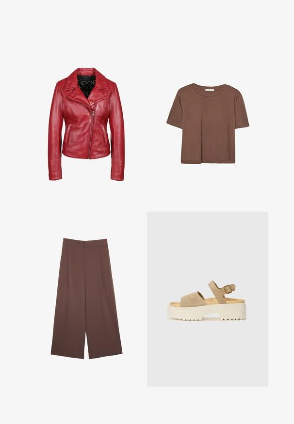 Punainen nahkatakki, jossa on epäsymmetrinen etuvetoketju, leveä kaulus ja kaksi sivutaskua, esillä valkoista taustaa vasten.; Kahvinsävyinen lyhythihainen t-paita, joka on valmistettu pehmeästä kankaasta. Pyöreä pääntie ja rento malli. Ei näkyviä kuvioita tai koristeita.; Ruskeat leveälahkeiset housut, joissa on sileä pinta, korkea vyötärö ja etupleat. Kangas on kevyttä ja laskeutuu väljänä.; Sandaalit beigessä nubukissa, joissa on leveä nauha ja säädettävä nilkkakiinnitys. Paksu valkoinen pohja, jossa on teksturoitu pinta pidon varmistamiseksi.