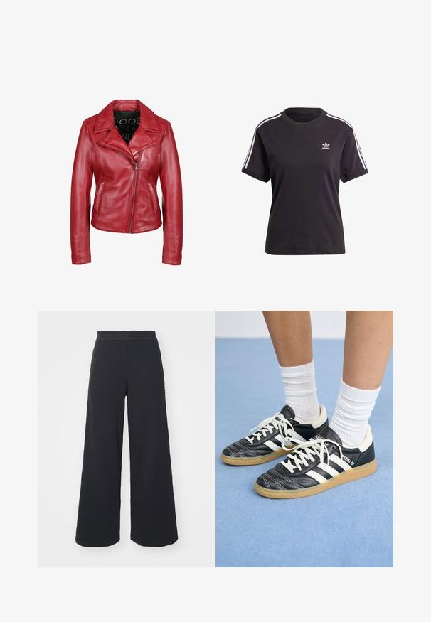Czerwona skórzana kurtka z asymetrycznym zapięciem na zamek, szerokim kołnierzem oraz dwiema bocznymi kieszeniami, prezentowana na białym tle.; Czarny bawełniany t-shirt z krótkim rękawem i okrągłym dekoltem, z białymi paskami na ramionach oraz małym białym logo Adidasa na piersi.; Czarne szerokie spodnie dresowe wykonane z miękkiego materiału, z elastycznym paskiem w talii oraz małym logo po lewej stronie.; Czarne skórzane sneakersy z białymi paskami, okrągły czubek, białe sznurowadła i gumowa podeszwa. Podkreślone wyściełanym kołnierzem i detalami z logo.