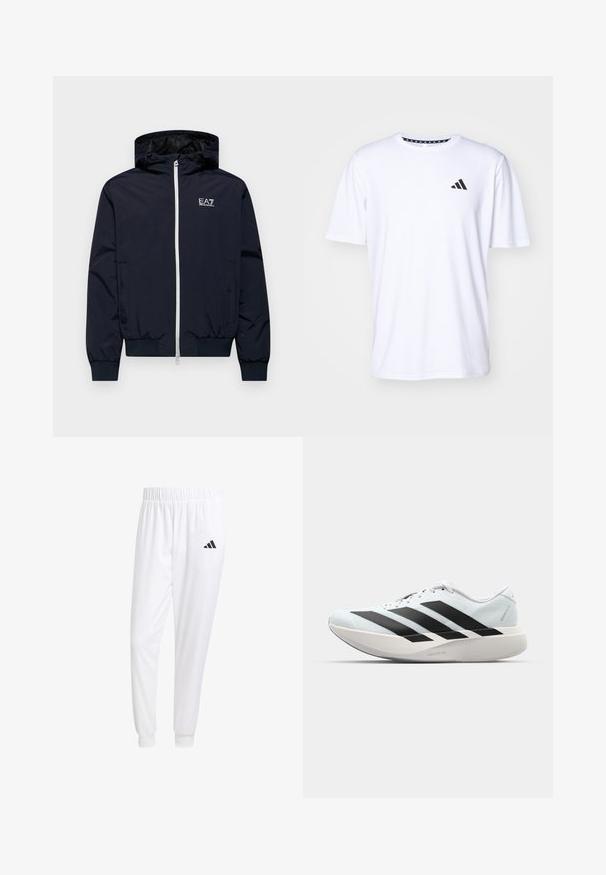 Jūras zils vēja necaurlaidīgs mētelis ar kapuci, priekšpuses rāvējslēdzēja aizdare, elastīgas aproces un EA7 logo uz krūtīm. Gluda, viegla materiāla.; Balta īsām piedurknēm T-kreklu, kas izgatavots no auduma ar gludu tekstūru. Tam ir melns adidas logo kreisajā krūtī un rakstains apkakles dizains.; Baltas sporta bikses, kas izgatavotas no gludas auduma, ar elastīgu jostu un pieguļošiem uzmavām, ar melnu logotipu aizmugurējā kabatā.; Gaiši zili vieglie skriešanas apavi ar melniem svītrainiem. Iezīmēti ar gludu augšpusi, apaļu purngalu un biezāko balto vidējo zoli, kurā ir uzraksts "LIGHTSTRIKE PRO."