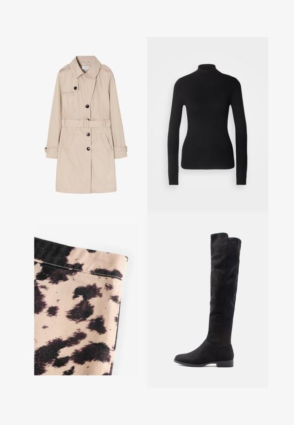 Beez värvi trench coat, mis on valmistatud kergest kangast, kahe rinda nupu ees, mustade nuppudega, eemaldatava vööga ja küljetaskutega.; Mustem turtleneck-sviiter, mis on valmistatud kerge kudumiskangast. Omab pikki varrukaid, slim-fit lõiget ja pehmet soonikut.; Bež kangas musta lehma mustriga, millel on ribakujuline tekstuur ja lihtsad õmbluse detailid. Nähtavat riistvara ega aktsente pole.; Knee-high mustad vampiirid, millel on sile tekstuur, ümar varvas ja madal plokknina; minimalistlik disain ilma nähtava riistvarata.