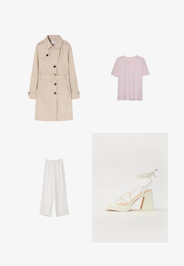 Beżowy płaszcz trench wykonany z lekkiego materiału, z podwójnym zapięciem, czarnymi guzikami, odpinanym paskiem i bocznymi kieszeniami.; Jasnoróżowa bawełniana koszulka z krótkim rękawem, okrągłym dekoltem i luźnym krojem. Gładka faktura i prosty design, bez dodatkowych wzorów czy akcentów.; Białe spodnie o szerokich nogawkach wykonane z lekkiego materiału. Posiadają elastyczny pas z sznurkiem i boczne kieszenie. Gładka tekstura.; Biała sandał na wysokim obcasie z masywnym słupkiem, z paskowym wzorem i wiązaniem przy kostce. Gładka faktura z platformą z przodu dla dodatkowej wysokości.