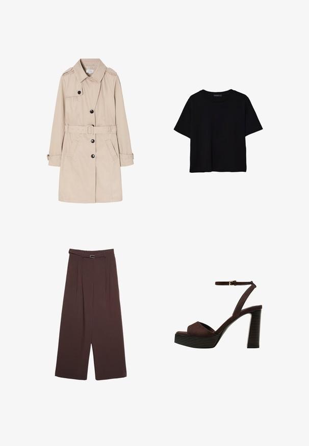 Béžový trenčkot vyrobený z ľahkého materiálu, s dvojradovým zapínaním, čiernymi gombíkmi, odnímateľným opaskom a bočnými vreckami.; Čierne tričko s krátkym rukávom vyrobené z bavlny. Má okrúhly výstrih a voľný strih s hladkou, jednofarebnou textúrou. Žiadne viditeľné vzory ani akcenty.; Stradivarius WIDE-LEG WITH BUCKLE DETAIL - Nohavice - dark brown; Hnedé semišové sandále na vysokom podpätku s otvorenou špičkou, nastaviteľným členkovým remienkom a pruhovanou platformovou podrážkou.