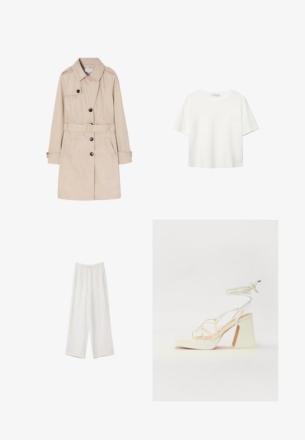 Béžový trenčkot vyrobený z ľahkého materiálu, s dvojradovým zapínaním, čiernymi gombíkmi, odnímateľným opaskom a bočnými vreckami.; Biela krátkopsová tričko vyrobené z bavlny. Má okrúhly výstrih a voľný strih. Hladká textúra bez viditeľných vzorov alebo akcentov.; Biele široké nohavice vyrobené z ľahkej tkaniny. Obsahujú elastický pás so sťahovacou šnúrkou a bočné vrecká. Hladká textúra.; Biele sandále na vysokom opätku s hrubým podpätkom, s pruhovaným dizajnom a viazaním na členku. Hladký povrch s platformou vpredu pre zvýšenú výšku.