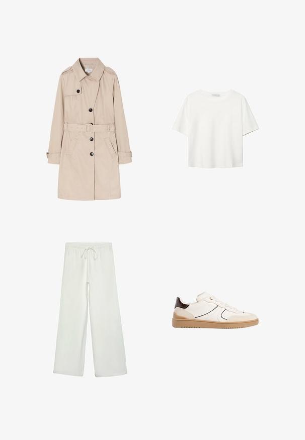 Bež trench kaput izrađen od lagane tkanine, s dvostrukim preklopom, crnim dugmadima, odvojivim pojasom i bočnim džepovima.; Bijela majica kratkih rukava od pamuka. Ima okrugli izrez i opušteni kroj. Glatka tekstura bez vidljivih uzoraka ili naglasaka.; Bijele hlače širokog kroja od mekog materijala. Imaju elastični pojas s vezicom i glatku teksturu. Nema vidljivih uzoraka ili metalnih dijelova.; Stradivarius Tenisice - white