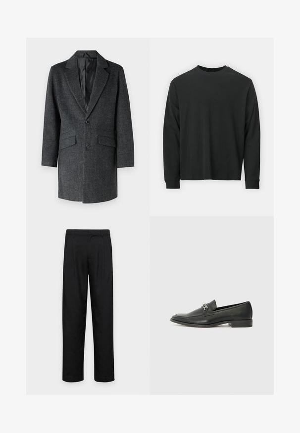 Jack & Jones JJHAYS - Abrigo clásico - mottled dark grey; Camiseta negra de manga larga, hecha de algodón, con escote redondo, corte holgado y puños acanalados. Textura suave sin patrones visibles.; Pantalones negros de tela suave, con un diseño de pierna recta, dos pliegues frontales y una cintura estándar con trabillas para el cinturón.; Mocasín de cuero negro con un acabado suave, que cuenta con un diseño de costura y un acento decorativo de cadena de metal en el empeine. Tacón plano.
