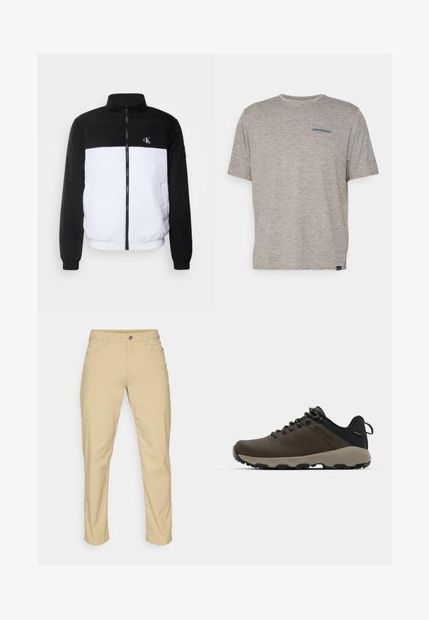Calvin Klein Jeans PADDED HARRINGTON - Overgangsjakke - bright white/black; Grå kortærmet t-shirt lavet af blødt, struktureret stof med et lille blåt Patagonia-logo på venstre bryst. Ingen yderligere mønstre.; Patagonia QUANDARY PANTS - Outdoorbukser - classic tan; Brune vandtætte sneakers med en tekstureret overflade, perforerede akcenter, sort hælunderstøttelse og en grå gummisål. Snørebåndene er udsmykket med metalender.