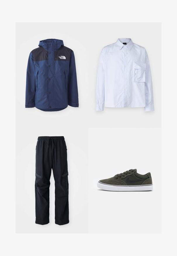 Tengerészkék vízhatlan dzseki fekete felső panellel, patentgombokkal, állítható kapucnival és oldalsó zsebekkel. A North Face logóval rendelkezik.; Világoskék és fehér csíkos gombos ing, pamutból készült. Mellzsebbel és klasszikus gallérral rendelkezik. Hosszú ujjak, gombos mandzsettával.; Fekete, laza nadrág elasztikus derékkal, húzózsinórral és cipzáras zsebekkel fehér háttéren.; Zöld suede sportcipő fekete részletekkel és fehér gumitalppal; fűzőkkel, párnázott nyakkal és oldalán logóval rendelkezik. Sima textúra, alacsony fazon.