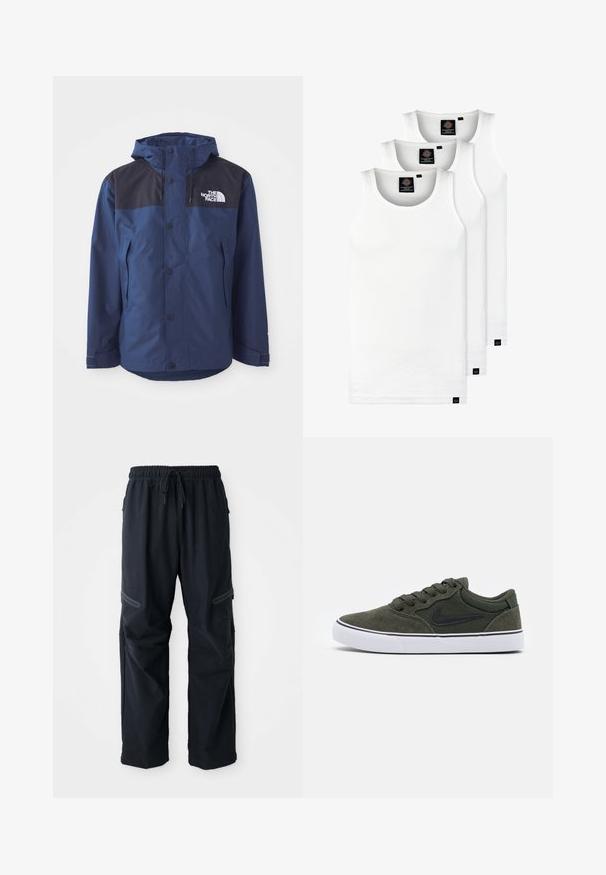 Jūras zilas ūdensnecaurlaidīgas jakas ar melnu augšējo paneli, spiedpogu aizdari, regulējamu kapuci un sānu kabatām. Iezīmēta ar The North Face logo.; Trīs baltas ribotas krūšturi, kas izgatavoti no kokvilnas. Iezīmēti ar apaļu kakla izgriezumu un maziem melniem etiķetēm tuvu apakšmalai. Pieejami vairākos izmēros.; Melni ikdienas bikses ar elastīgu jostu, auklu un ar rāvējslēdzēju aizveramām kabatām uz balta fona.; Zaļi zamšādas tenisi ar melniem akcentiem un baltu gumijas zoli; ar auklām, mīkstu apkakli un sānu logotipu. Gluda tekstūra, zema augstuma dizains.