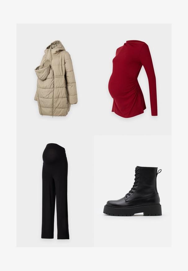 Beige gewatteerde jas met capuchon, voorzien van een voorzak voor een baby. Het ontwerp omvat verticale gestikte panelen en een ritssluiting.; Lange mouw rode zwangerschapsblouse van ribbelstof, met een gedrapeerde halslijn en zijrimpeling om een groeiende buik te accommoderen.; Zwarte zwangerschapsbroek met een rekbare, nauwsluitende tailleband en een wijde pijpdesign. Gemaakt van zachte stof, biedt comfort en ondersteuning.; Zwarte leren enkelboots met een ronde neus, vetersluiting aan de voorkant en een dikke rubberen zool met een gestructureerd profiel. Trekbandje aan de achterkant.