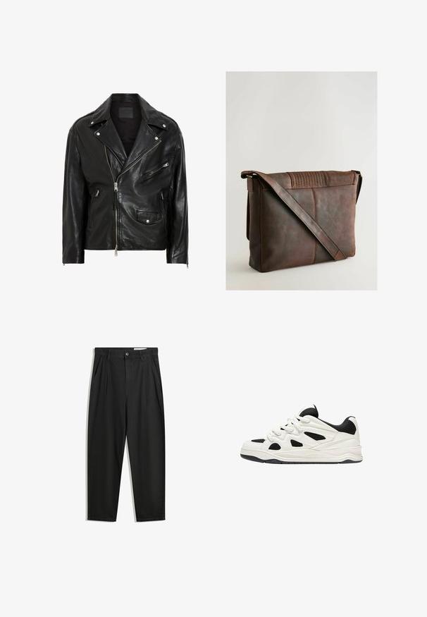 Black leather motorcycle jacket with silver zippers, snap buttons, and multiple pockets. Features a wide collar and a fitted cut.; Dark blue short-sleeve button-up shirt made of lightweight fabric, featuring a chest pocket and a classic collar design.; Black cotton trousers with a relaxed fit, featuring a classic waistband, front pleats, and side pockets. Smooth texture without patterns.; White and black athletic shoes with a textured sole, featuring cut-out designs on the sides and laces, and a cushioned back for support.; Brown leather messenger bag with a textured flap, featuring a long adjustable strap and visible stitching details. Smooth, matte finish.
