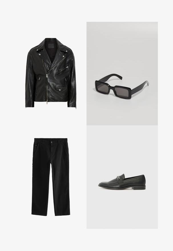 Must kollane nahktagi hõbedaste lukudega, nööbiga ja mitme taskuga. Omab laia kraed ja kitsast lõiget.; Tume roheline nööbitav särk, millel on krae, pikad varrukad ja üks rindade tasku; sisaldab valgeid nööpe ja pehmet tekstuuri.; Mustpeadest puuvillased püksid otselegii disainiga, millel on ees asuv nööbi sulgemine, kaldenurkadega külgtaskud ja peened õmblemise detailid.; Must haveate nahkking punased, millel on sile viimistlus, tikitud muster ja dekoratiivne metallkett vampi üle. Tasane konts.; Mustad prillid, millel on ristkülikukujuline raam, paks plastikust konstruktsioon ja tumedad läätsed, millel on siledad pinnad ja ümarad servad.; Pier One SET - Käekell - black/brown