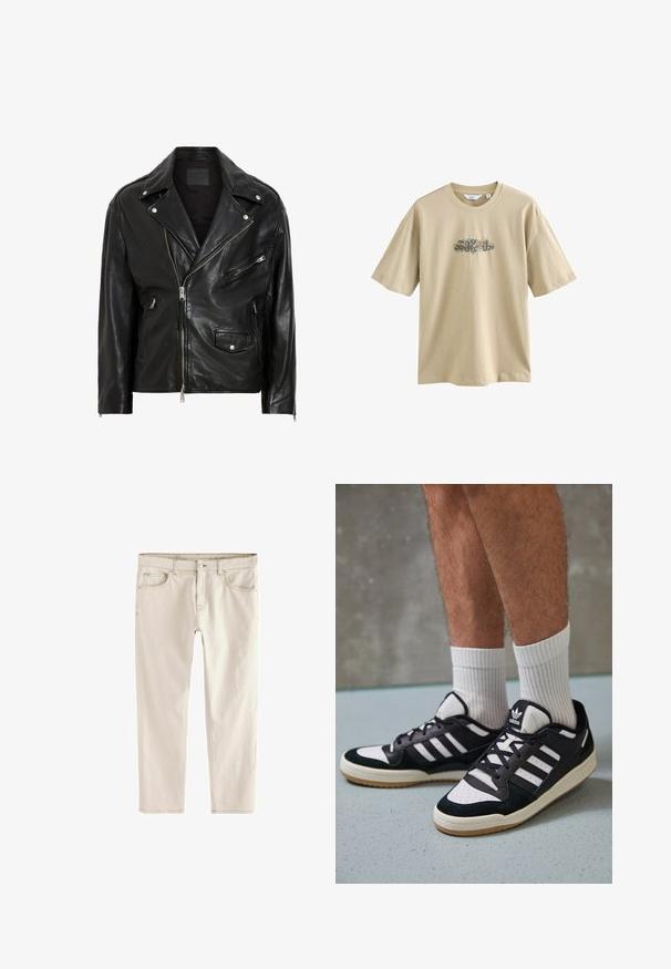 Crna kožna motoristička jakna sa srebrnim patentnim zatvaračima, dugmićima na preklop i više džepova. Ima široki kragnu i uski kroj.; Bež pamukasta majica s grafičkim printom u središtu. Dizajn uključuje šarene elemente i zakrivljeni tekst. Kratki rukavi i okrugli izrez.; Svijetlosmeđi uski traperice ravnog kroja, s pet džepova, kopčanjem na gumb i patentni zatvarač te ojačanim šavovima.; Crne i bijele tenisice s gornjim dijelom od antilopa i kože, s tri bijele pruge, perforiranim prstom i gumiranim potplatom.
