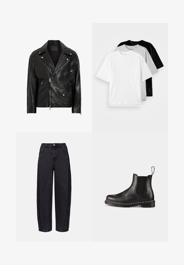 Melnas ādas motociklu jakas ar sudraba rāvējslēdzējiem, poga pogām un vairākiem kabatām. Iezīmē plašu apkakli un pieguļošu griezumu.; Trīs īsām piedurknēm T-krekli baltā, pelēkā un melnā krāsā. Katram ir klasiskā apļa kakla izgriezums un gluda, kokvilnai līdzīga tekstūra.; Melni platās kājas džinsi, izgatavoti no gluda denima. Iespējas ietver augstu jostasvietu, priekšējās kabatas un pogu aizdari jostasvietā.; Melnas ādas Čelsijas apavi ar elastīgām sānu daļām, noapaļota pirksta forma, cilpa aizmugurē, balta šuvuma līnija uz zoles un teksturēta gumijas zole.