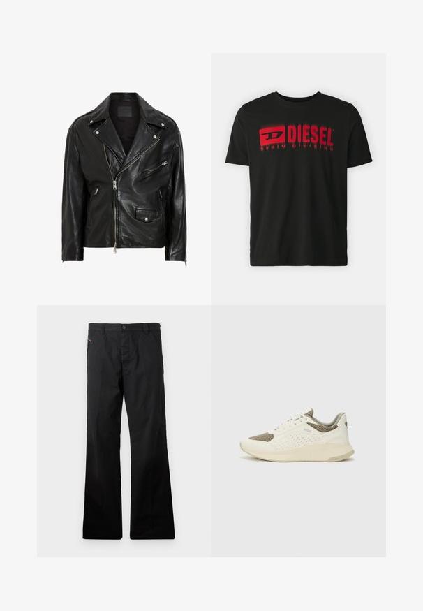 Black leather motorcycle jacket with silver zippers, snap buttons, and multiple pockets. Features a wide collar and a fitted cut.; Black cotton t-shirt featuring red "DIESEL" logo and "DENIM DIVISION" text. Short sleeves, crew neck, smooth texture, relaxed fit.; Black, cotton, straight-leg pants with a button closure. Features side pockets and minimalistic design without any visible patterns or accents.; White and light beige athletic sneaker, featuring a mesh upper, perforated detailing, and a textured midsole with branding on the heel.