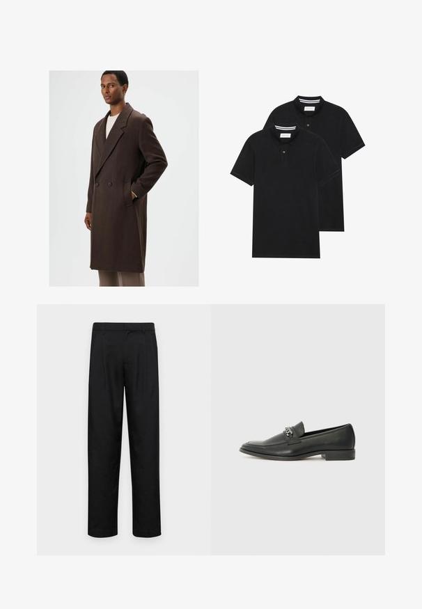 Brauner doppelseitiger Mantel aus strukturiertem Stoff, mit Reverskragen, Seitentaschen und knieumspielender Länge. Schlichtes Design, warme Farbtöne.; Zwei schwarze Polohemden, kurzärmlig, aus Baumwolle, mit einem klassischen Kragen, zwei Knöpfen und weißen Streifenakzenten im Inneren des Kragens.; Schwarze Hose aus glattem Stoff, mit geradem Bein Design, zwei vorderen Falten und einem Standardbund mit Gürtelschlaufen.; Schwarzer Lederloafer mit glatter Oberfläche, ausgestattet mit einer gesteppten Gestaltung und einem dekorativen Metallkettendetail über dem Vorderblatt. Flacher Absatz.