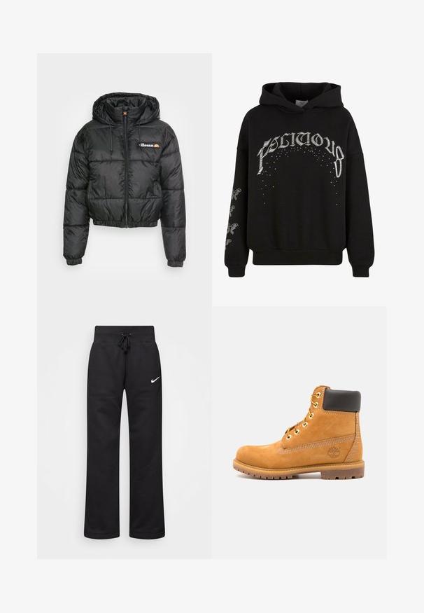 Sort cropped pufferjakke med hætte, med lynlås foran og snøre, quiltet design og lille logo på venstre bryst.; Sort hættebluse lavet af blødt stof, med hvidt trykt tekst og mønstre, samt accentdetaljer på ærmerne.; Sorte sweatpants lavet af en bomuldsblanding, med en snøre i taljen, lige ben og et hvidt Nike-logo på venstre side.; Brune læder ankelstøvle med sort polstring, gyldne øsken og en tekstureret sål. Har et cirkulært logo på siden og synlige syninger.