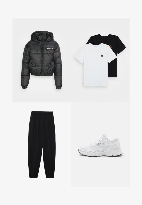 Čierna skrátená pufovaná bunda s kapucňou, so zipsom vpredu a s nastaviteľnou šnúrkou, prešívaný dizajn a malé logo na ľavej hrudi.; Dve tričká: jedno biele s výšivkou motýľa, druhé čierne s výšivkou čerešne. Obe majú okrúhle výstrihy a krátke rukávy.; Čierne, ľahké nohavice s elastickým pásom a zúženými nohavicami. Tkanina je hladká a má voľný, zúžený strih.; Biele športové topánky s sieťovinovým zvrškom, textúrovaným dizajnom, zaoblenou špičkou, polstrovaným golierom a gumovou podrážkou s čiernym akcentom.