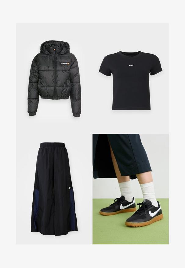 Giacca puffer nera corta con cappuccio, con zip frontale e cordino, design trapuntato e piccolo logo sul petto sinistro.; T-shirt nera a maniche corte in cotone con scollatura rotonda. Presenta un logo Nike bianco sul petto, un design minimalista e una forma aderente.; Pantaloni neri a gamba larga realizzati in tessuto leggero, con un pannello laterale blu navy e una cintura elastica. Piccolo logo bianco sul fondo.; Sneaker in pelle nera e sintetica con logo Nike bianco, suola in gomma, punta rotonda e lacci neri. Calze bianche a righe visibili.