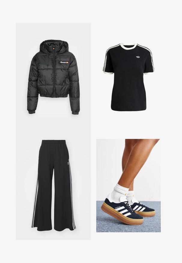 Czarna, krótkiego kroju kurtka puchowa z kapturem, z zamkiem z przodu i sznurkiem do regulacji, pikowany wzór oraz małe logo na lewej piersi.; Czarna bawełniana koszulka z białymi akcentami na kołnierzyku i rękawach, z trzema białymi paskami na każdym ramieniu oraz małym logo na piersi.; Czarne szerokie spodnie dresowe z elastycznym pasem, z białymi paskami po bokach i haftowanym logo na lewej udzie.; Czarne zamszowe trampki z białymi paskami i akcentami, zaokrąglonym noskiem, gumową podeszwą w kolorze jasno-brązowym, zestawione z białymi żebrowanymi skarpetkami do kostki.