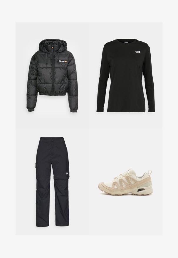 Black cropped puffer jacket with a hood, featuring a zip front and drawstring, quilted design, and small logo on the left chest.; Black long-sleeve t-shirt made of cotton with a round neck. Features a small white logo on the left chest area. Simple design and fit.; Black nylon zip-off cargo trousers with adjustable cuffs, multiple pockets, and a logo on the right leg. Smooth, lightweight texture.; Beige and cream athletic shoe with textured mesh upper, supportive overlays, and rubber outsole featuring a tread pattern for traction.