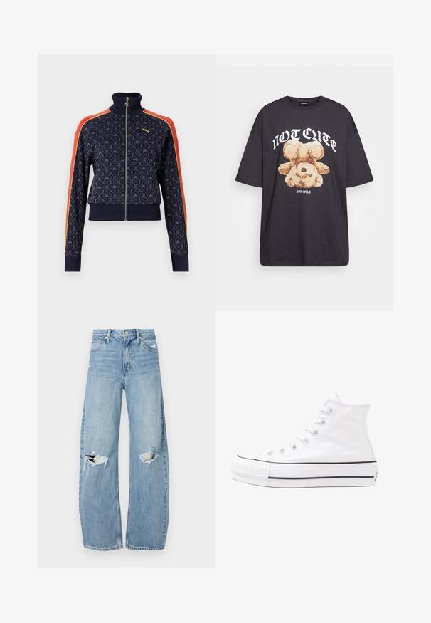 Jūras spēku sporta jaka ar ģeometrisku rakstu, augstu apkakli, rāvējslēdzēju priekšā un kontrastējošām sarkanām un dzeltenām svītrām uz piedurknēm. Ribota apkakle un apakša.; Melna, pārmērīga t-kreklu, kurā attēlots lācis ar uzrakstu "NAV MIERĪGS, BET VILKIS" treknos baltos burtiem. Izgatavots no kokvilnas materiāla.; Gaiši zili, augstās vidukļa džinsi, kas izgatavoti no denima. Iespējas plašas kājas, divas plēstas ceļa daļas un klasiskā piecu kabatu dizains.; Balti augstie kanvas sporta apavi ar melnu gumijas zoli, priekšējo gumijas purngalu un sešām acīm lencēm, kuriem ir tīrs, minimālistisks dizains.