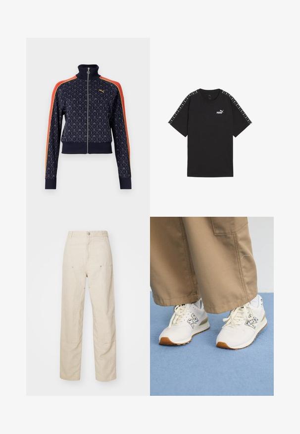 Giacca a track navy con motivo geometrico, colletto alto, zip frontale e strisce rosse e gialle a contrasto sulle maniche. Polsini e orlo a coste.; T-shirt nera a maniche corte realizzata in cotone. Presenta il logo bianco Puma sul petto e dettagli a fantasie sulle spalle. Vestibilità standard e collo tondo.; Pantaloni in lino beige con vestibilità rilassata, dotati di tasche laterali e dettagli di cucitura decorativi, vita senza cuciture e gambe dritte.; Scarpe da ginnastica bianche con una suola di gomma beige testurizzata. Presentano un dettaglio a stampa animale blu e lacci piatti beige, abbinate a pantaloni color cammello.