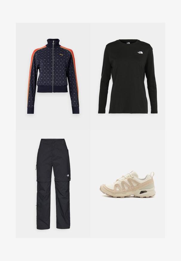 Granatowa kurtka sportowa z geometrycznym wzorem, wysoki kołnierz, zamek z przodu oraz kontrastowe czerwone i żółte paski na rękawach. Żebrowane mankiety i dół.; Czarna koszulka z długim rękawem z bawełny z okrągłym dekoltem. Posiada niewielkie białe logo po lewej stronie na piersi. Prosty design i fason.; Czarne nylonowe spodnie cargo z odpinanymi nogawkami, regulowanymi mankietami, wieloma kieszeniami oraz logo na prawej nogawce. Gładka, lekka tekstura.; Beżowe i kremowe buty sportowe z teksturowanej siateczki, wspierającymi nakładkami oraz gumową podeszwą z wzorem bieżnika zapewniającym przyczepność.