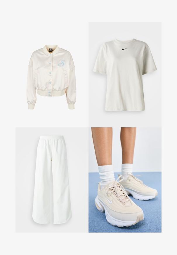 Crème satijnen bomberjack met een cropped fit, blauwe drukknoopsluiting en geborduurde "S" op de linkerkant van de borst. Elastische manchetten en zoom.; Witte katoenen t-shirt met een ronde halslijn en korte mouwen. Heeft een klein zwart Nike-logo op de borst. Eenvoudig en onopgesmukt ontwerp.; Witte atletische broek met wijde pijpen, een geribde tailleband en subtiele logodetails. Soepele stof met een relaxte pasvorm en taps toelopende zoom.; Beige sport schoenen met een textuur bovenkant, witte veters en een dikke witte zool. Het ontwerp heeft subtiele rondingen en een klein logo.