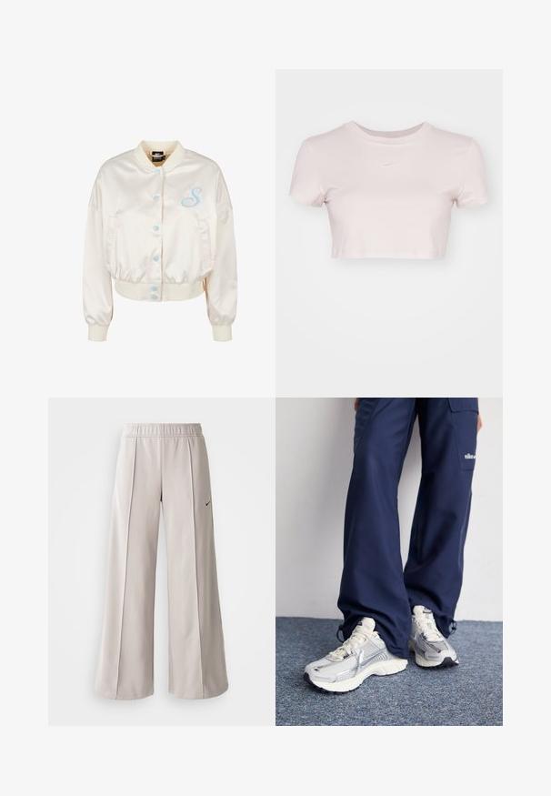 Krémová saténová bomber bunda s skráteným strihom, modrými patentkami a vyšívaným detailom "S" na ľavom prse. Elastické manžety a lem.; Skraćené tričko svetloružovej farby, vyrobené z mäkkej tkaniny. Má okrúhly výstrih a krátke rukávy s malým bielym logom Nike na hrudi.; Svetlo šedé nohavice s širokým strihom vyrobené z hladkej tkaniny. Obsahujú elastický pás a čierne logo Nike na ľavej strane.; Športové topánky Nike s strieborným sieťovaným zvrškom, bielymi detailmi a textúrovanými podrážkami, skombinované s voľnými námorníckymi nohavicami.