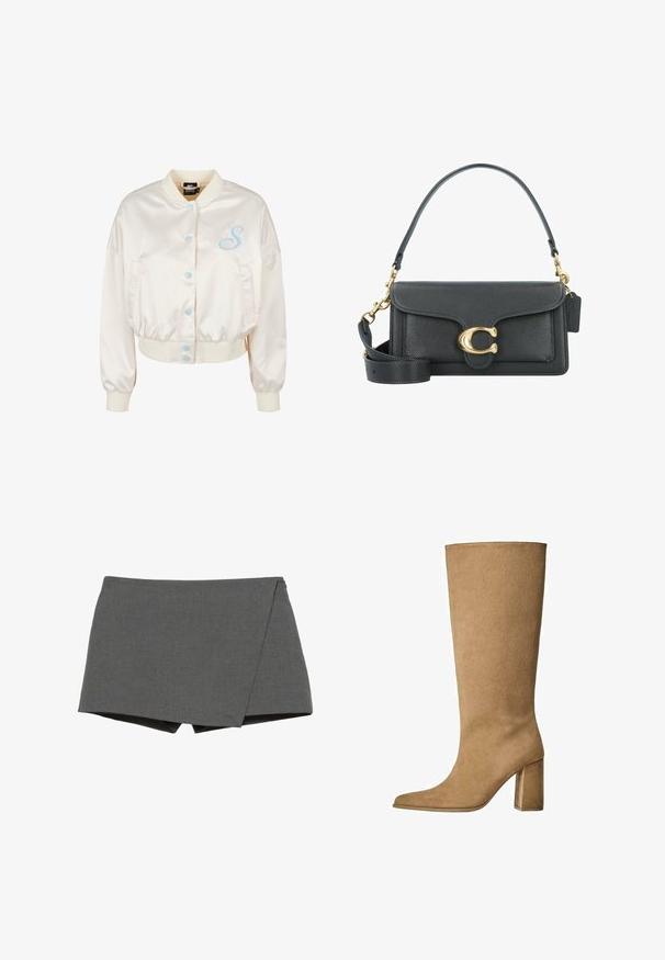 Cremefarvet satin bomberjakke med cropped fit, blå trykknapper og broderet "S" detalje på venstre bryst. Elastiske mansjetter og kant.; Overdimensioneret hvid bomulds t-shirt med korte ærmer, rund halsudskæring og glat tekstur. Ingen mønstre eller synlige hardware detaljer.; Grå indpakningsshorts lavet af glat stof, med et diagonalt snit og rene kanter. Ingen synligt hardware eller udsmykninger.; Tan ruskinds knæhøje støvler med blokhæle, der har en spids tå og en glat overflade. Minimalistisk design uden udsmykninger.; Sorte læderhåndtaske med et gyldent hardware-udstyr, der har en signaturlås, en aftagelig skulderrem og en tekstureret overflade.
