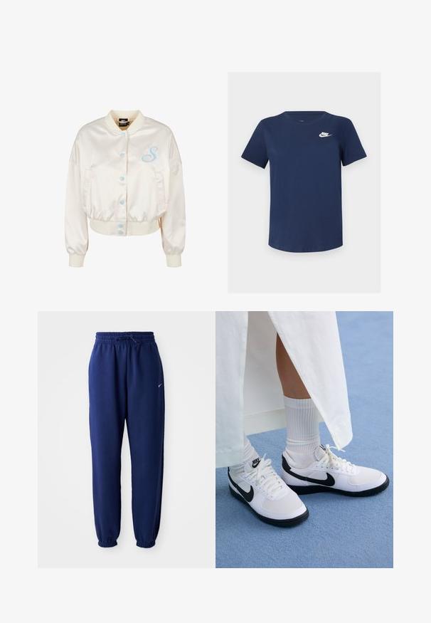 Giacca bomber in satin crema con vestibilità corta, bottoni a pressione blu e dettaglio ricamato con la lettera "S" sul lato sinistro del petto. Maniche e orlo elasticizzati.; T-shirt in cotone blu navy con collo rotondo, maniche corte e logo Nike bianco sul lato sinistro del petto. Texture liscia, design semplice.; Pantaloni della tuta blu navy realizzati in tessuto morbido, con vita elasticizzata regolabile tramite cordino, polsini elasticizzati e un piccolo logo bianco.; Sneaker bianche Nike con accenti neri, caratterizzate da una tomaia in pelle liscia, lacci bianchi e suole in gomma robuste, abbinate a calzini bianchi a coste.