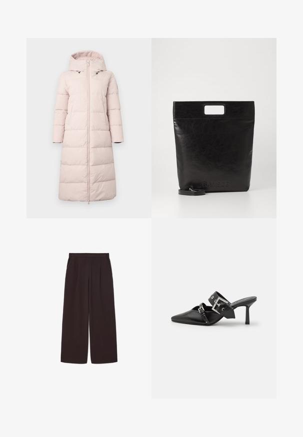 Gaiši rozā pufā bieza jaka ar kapuci, ar priekšējo rāvējslēdzēju, garām piedurknēm un horizontālu quiltēšanas rakstu. Iekļautas sānu kabatas.; Baltais garo piedurkņu krekls ar apkakli, izgatavots no kokvilnas. Aprīkots ar pogu aizdari priekšā un vienu krūšu kabatu. Gluda tekstūra, brīvs piegriezums.; Tumši brūni plaši bikses, izgatavotas no viegla auduma, ar augstu jostasvietu, krokām un divām sānu kabatām, ar elastīgu jostasvietu.; Melnas augstpapēžu mūles ar norādītu purngalu, izgatavotas no gludas ādas. Iekļauj plašu potītes siksnu ar kvadrātveida sudraba sprādzi un kniedēm.; Melna ādas tote soma ar kvadrātveida rokturi, ar teksturētu apdari un iespiestu logo. Ietver noņemamu siksnu.