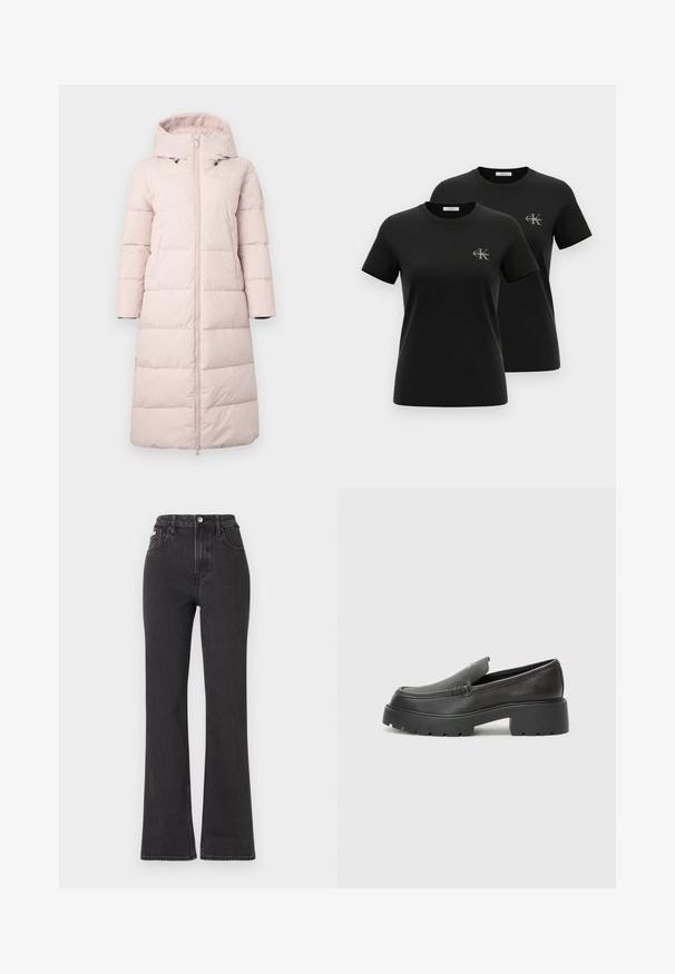 Casaco acolchoado rosa claro com capuz, apresentando um fecho éclair frontal, mangas longas e padrão acolchoado horizontal. Inclui bolsos laterais.; Duas t-shirts pretas de manga curta com decote redondo e pequenos logotipos cinzentos "CK Calvin Klein" no lado esquerdo do peito, apresentadas num fundo branco.; Jeans flared pretos de cintura alta feitos de denim, com fecho de botão, passadores para cinto e bolsos laterais. Textura suave com desbotamento mínimo.; Mocassins de couro preto com bico arredondado, sola espessa e texturizada, e detalhes de costura minimalistas. Design elegante sem atacadores ou ferragens visíveis.