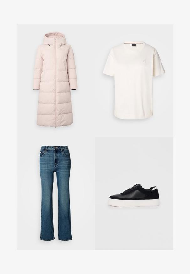 Šviesiai rožinė pūkinė striukė su kapišonu, su priekiniais užtrauktukais, ilgomis rankovėmis ir horizontaliu siuvinėjimu. Įtraukta šoninėse kišenėse.; Balta medvilnės marškinėliai su trumpomis rankovėmis, apykakle iš apvalaus kaklo ir mažu logotipu ant krūtinės. Lygus paviršius ir tiesi apatinė siūlė.; Aukštai juosmeniu mėlyni džinsai iš denimo, turintys tiesaus kirpimo dizainą, švelnų blukimą ir standartinį mygtuko bei užtrauktuko uždarymą.; Juodi sportbačiai su lygiu oda ir zomšinėmis detalėmis, plokščiomis raišteliais, apvaliu walko ir balta guma iš baze. Išskirtinė logotipas ant kulno.