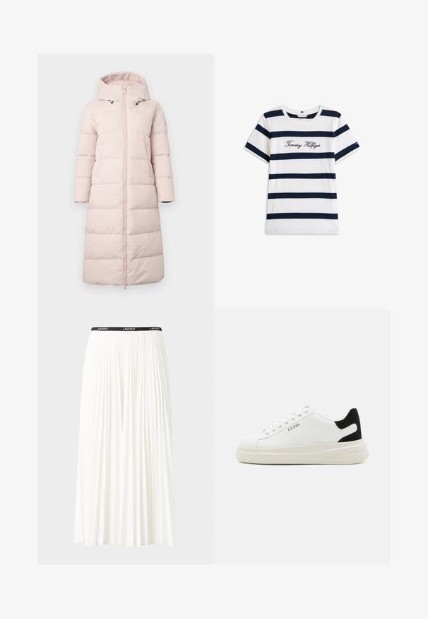 Lyserød pufferjakke med hætte, der har en frontlynlås, lange ærmer og vandret quiltet mønster. Inkluderer sidelommer.; T-shirt i bomuld med vandrette marineblå striber på en hvid baggrund. "Tommy Hilfiger" broderet i kursiv på brystet. Rund hals.; Plisseret hvid nederdel med en sort elastisk talje, der har "LACOSTE"-logoet. Mellemlang design med blød tekstur.; Hvide lædersneakers med en tyk hvid sål, sort ruskindhælvægt og prægede logoer på siden. Snørebåndsdesign med seks øjer.
