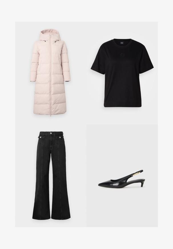 Gaiši rozā pufā bieza jaka ar kapuci, ar priekšējo rāvējslēdzēju, garām piedurknēm un horizontālu quiltēšanas rakstu. Iekļautas sānu kabatas.; Melna kokvilnas T-krekls ar apaļu izgriezumu, īsām piedurknēm un izšūtu logotipu uz krūtīm. Vienkāršs, brīvs piegriezums bez rakstiem.; Melnas džinsu bikses ar platām kājām un augstu jostasvietu, kurām ir divas priekšējās kabatas, sudraba tonēti aksesuāri un redzamas šuves detaļas gar priekšpusi.; Melnas ādas slingback zābaki ar smailu purngalu, ar šauru papēdi un zelta krāsas akcentu uz regulējama siksniņas. Gluda tekstūra.