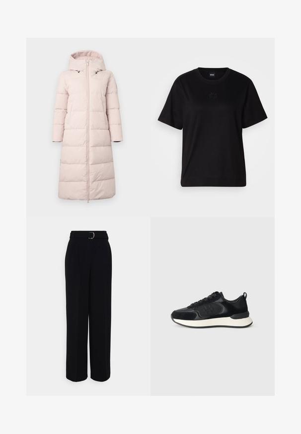 Light pink puffer coat with a hood, featuring a front zipper, long sleeves, and horizontal quilted pattern. Includes side pockets.; Black cotton t-shirt with a crew neckline, short sleeves, and an embroidered logo on the chest. Simple, relaxed fit with no patterns.; Black tailored pants with a wide-leg silhouette, featuring a belt with a silver buckle, pleats, and a smooth fabric texture.; Black athletic shoe with a smooth leather upper, suede accents, round toe, and a contrasting white midsole. Features lace closure and logo detail.
