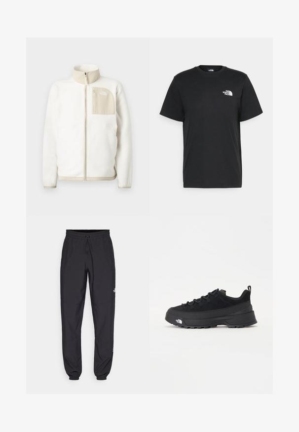 Bela flis jakna z bež žepom na zadrgo, visokim ovratnikom in subtilnim logotipom na prsih. Gladka tekstura s sodobnim krojem.; Črna bombažna majica s kratkimi rokavi, okroglim izrezom in majhnim belim logotipom na levem prsnem delu. Preprost dizajn, gladka tekstura in sproščen kroj.; Črne atletske hlače iz lahkega materiala, ki imajo elastični pas z vezalko, stranske žepe in zožene manšete na gležnjih.; Črne zunanje teniske s zgornjim delom iz usnja z nubukom, teksturiranim gumijastim podplatom in trdnim vezalnim sistemom. Imajo ojačan petni del in logotip blagovne znamke na strani.