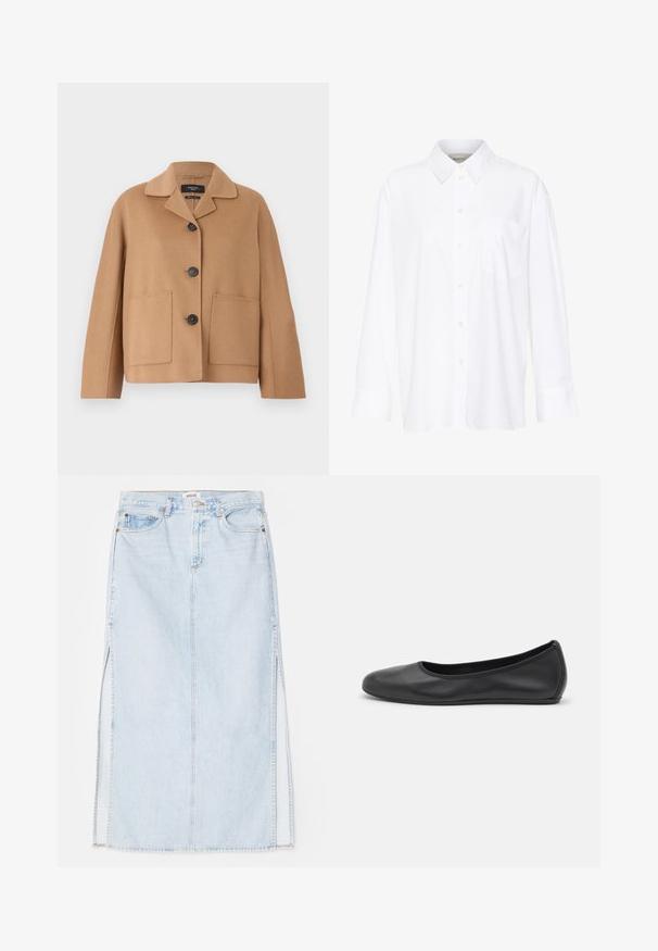 Weekend Max Mara SALE - Kurzmantel - camel; Weißes Langarmhemd mit Kragen aus Baumwolle. Verfügt über eine durchgehende Knopfleiste und eine Brusttasche. Glatte Textur, lockere Passform.; Hellblaue Jeans-Maxi-Rock mit geradem Schnitt, ausgestattet mit seitlichen Schlitzen und einem Fünf-Taschen-Design. Auffällige Nähte und Metallschnappverschluss.; Schwarze Leder-Ballettschuhe mit abgerundeter Spitze, glatter Textur, minimalen Nähdetails und einem flexiblen Sohlen-Design.