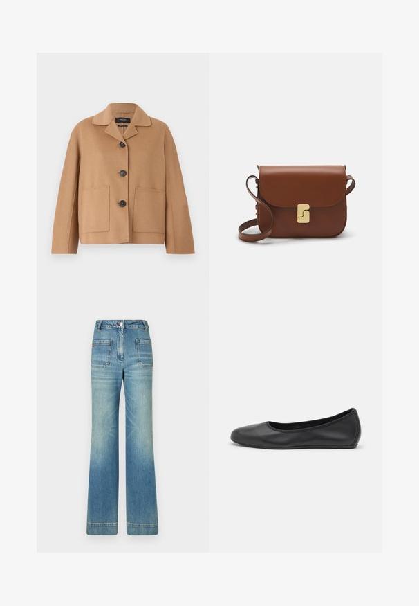WEEKEND MaxMara SALE - Korte frakker - camel; Hvid kortærmet t-shirt lavet af ribbet stof. Rund halsudskæring, almindelig pasform og subtile syninger. Ingen mønstre eller grafik.; Lyseblå denim flare jeans med fem lommer, bæltestropper, knaplukning og en let falmet overflade, med en rød logo-detalje på bagsiden.; Sort læderballetsko med rund tå, glat tekstur, minimal syning og et fleksibelt såldesign.; Brun læder håndtaske med flaplukning, hardware i gyldent tone, en skulderrem og en glat overflade. Kompakt rektangulær form.