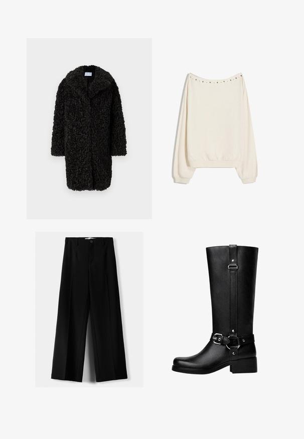 Musta tekstuurilla varustettu kihara tekoturkis pitkä takki, jossa on leveät läpät ja pitkät hihat, roikkuu yksinkertaista valkoista taustaa vasten.; Kermanvärinen huppari, jossa on rento istuvuus, ribbikujat ja pyöristetty kaula-aukko. Koristeena metallinappuloita hartiasaumassa.; Mustat leveälahkeiset housut, jotka on valmistettu kevyestä kankaasta. Housuissa on etunappikiinnitys ja tasainen etuosa, sekä huolellisesti ommellut helmat.; Pitkät mustat keinonahkabootsit, joissa on pyöreä kärki, vyösolkiyksityiskohta ja iso korko. Suora pinta ja pystysauma varressa.