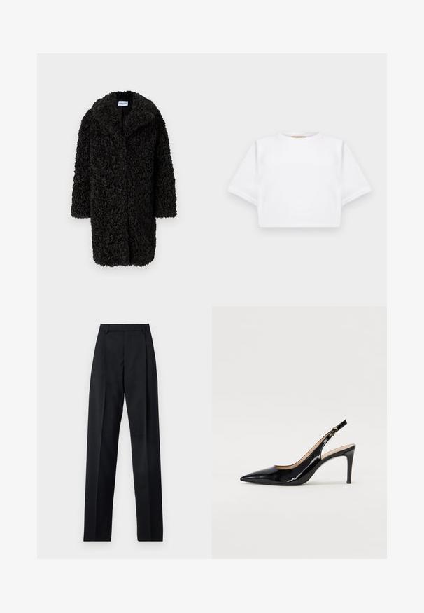 Sort struktureret krøllet faux fur lang frakke med brede revers og lange ærmer, hængende mod en almindelig hvid baggrund.; KFrakelse hvid t-shirt lavet af blødt stof, med korte ærmer, rund halsudskæring og ribbede nederste detaljer. Enkel og udekoreret design.; Sorte bukser lavet af glat stof, der har høj talje, brede ben, frontfolder og klassiske bælteløkker. Ingen synlige sidelommer.; Sort patenteret læder slingback stiletto med spids tå, slank hæl og et subtilt udskæringsdesign. Har en gylden spænde på remmen.
