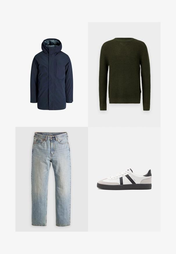 Giacca impermeabile blu navy con colletto alto, cappuccio regolabile e tasca sul petto. Tessuto esterno liscio e interno foderato per isolamento.; Maglione lavorato a maglia verde oliva con scollo rotondo, maniche lunghe e polsini a costine. Presenta un pattern texturizzato e una vestibilità morbida.; Jeans in denim azzurro chiaro con vita alta, bottone anteriore, cerniera e design a cinque tasche, adagiati su uno sfondo neutro.; Sneaker bianco con accenti neri e grigi, dotata di una punta grigia testurizzata, suola in gomma nera e lacci bianchi piatti. Design pulito, stile minimalista.