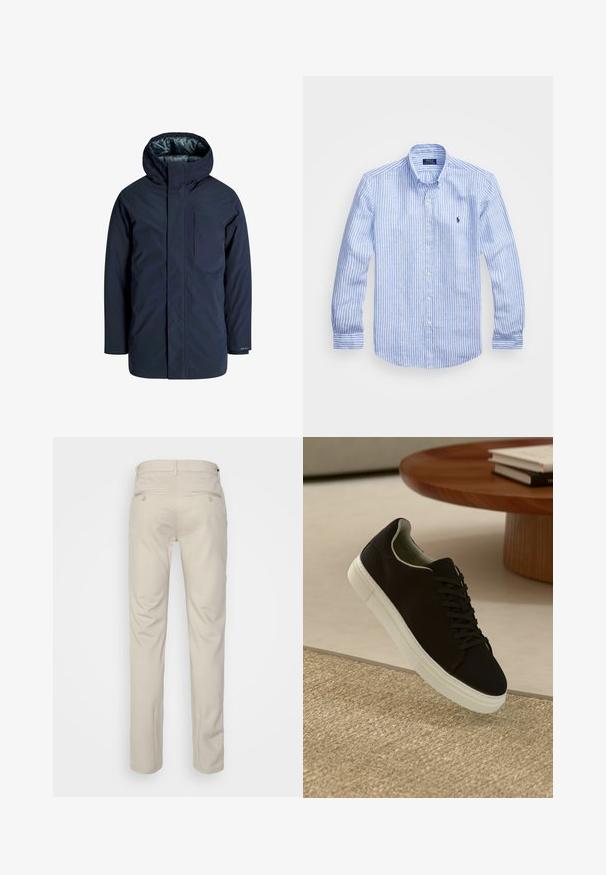 Granatowa wodoodporna kurtka z wysokim kołnierzem, regulowanym kapturem i kieszenią na piersi. Gładka zewnętrzna tekstura i podszewka wewnętrzna dla izolacji.; Niebiesko-biała, w paski, koszula z długim rękawem, wykonana z bawełny, z kołnierzykiem zapinanym na guziki, guzikami z przodu oraz małym haftowanym logo na klatce piersiowej.; Beżowe spodnie o gładkiej fakturze, prostym kroju, z dwiema tylnymi kieszeniami z guzikami i standardowym pasem.; Czarny sneaker z białą podeszwą unoszący się nad beżowym, teksturowanym dywanem w pobliżu okrągłego drewnianego stołu z poukładanymi książkami.