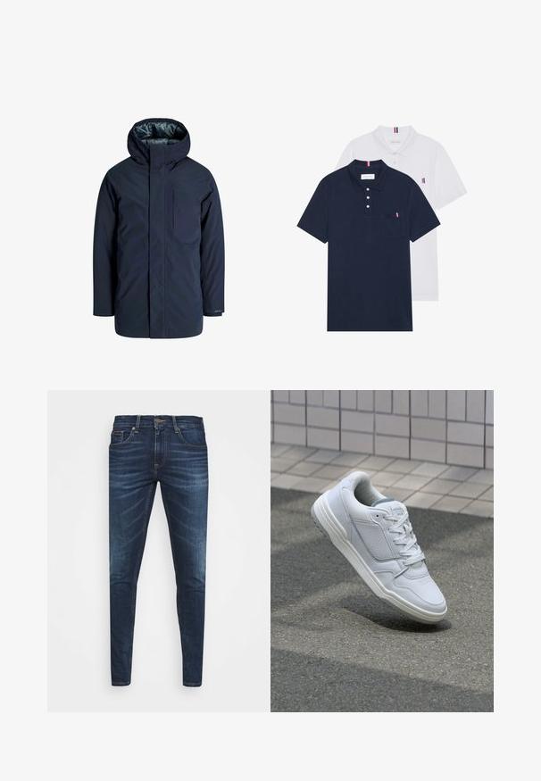 Tumed veekindel jakk, millel on kõrge krae, reguleeritav kapuuts ja rinnatasku. Sile välimine tekstuur ja vooderdatud sisemus soojustamiseks.; Kaks polo särki: üks tumesinine ja üks valge, mõlemal on rinnataskul ja krael väike punase, valge ja sinise aktsent.; Tumedat sinised teksad kitsas lõikes, kerge kulumisega, viie taskuga ja metallnööbiga sulgemine. Õmmeldud aktsendid kontrastsetes värvides.; Valge nahkne toss, millel on perforeeritud külgedega, tekstuuriga aktsendid, lame pael ja kontrastne hall konts. Omab veidi tõstetud tallat.